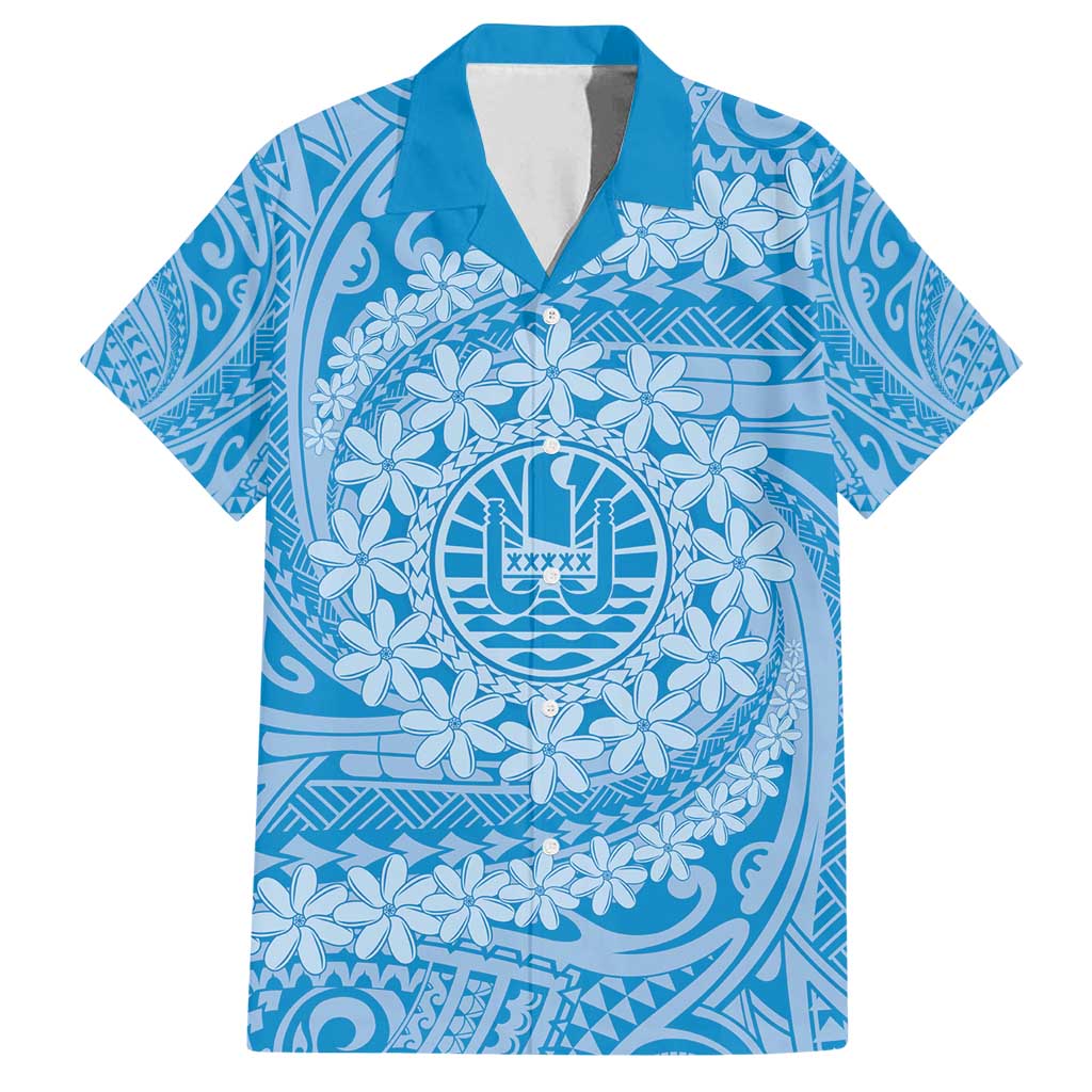 Tahitian Tiare Flower Family Matching Off Shoulder Maxi Dress and Hawaiian Shirt Blue Polynesian Pattern