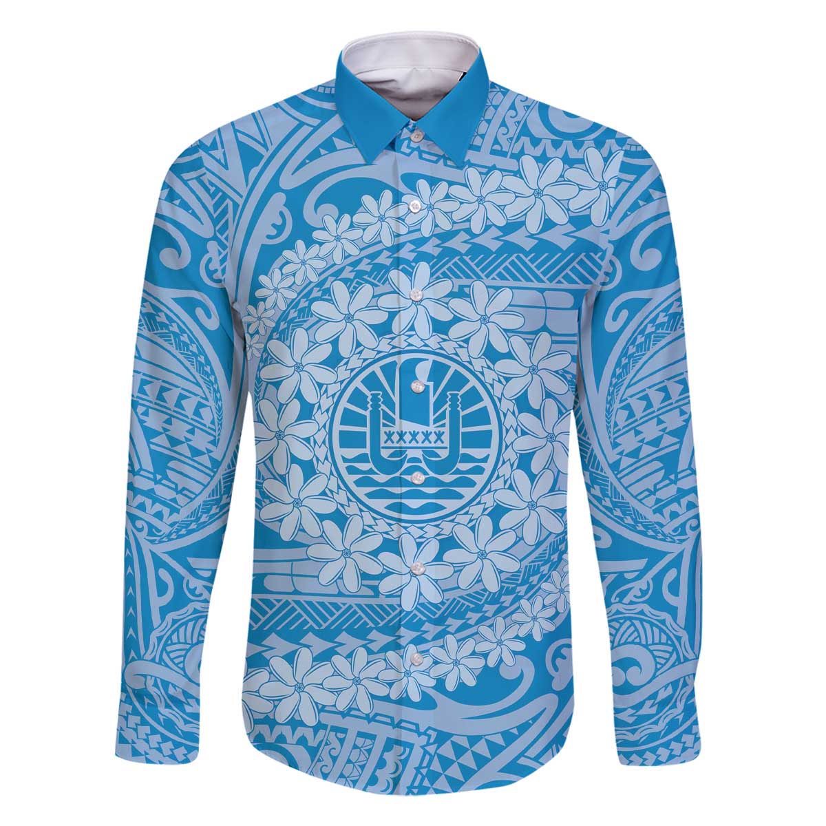 Tahitian Tiare Flower Family Matching Off Shoulder Short Dress and Hawaiian Shirt Blue Polynesian Pattern