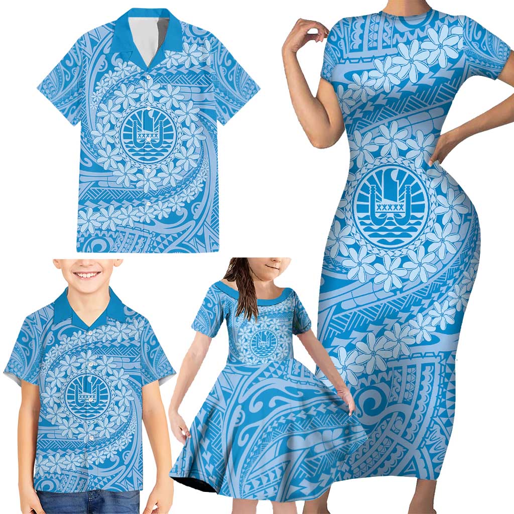 Tahitian Tiare Flower Family Matching Short Sleeve Bodycon Dress and Hawaiian Shirt Blue Polynesian Pattern LT9 - Polynesian Pride