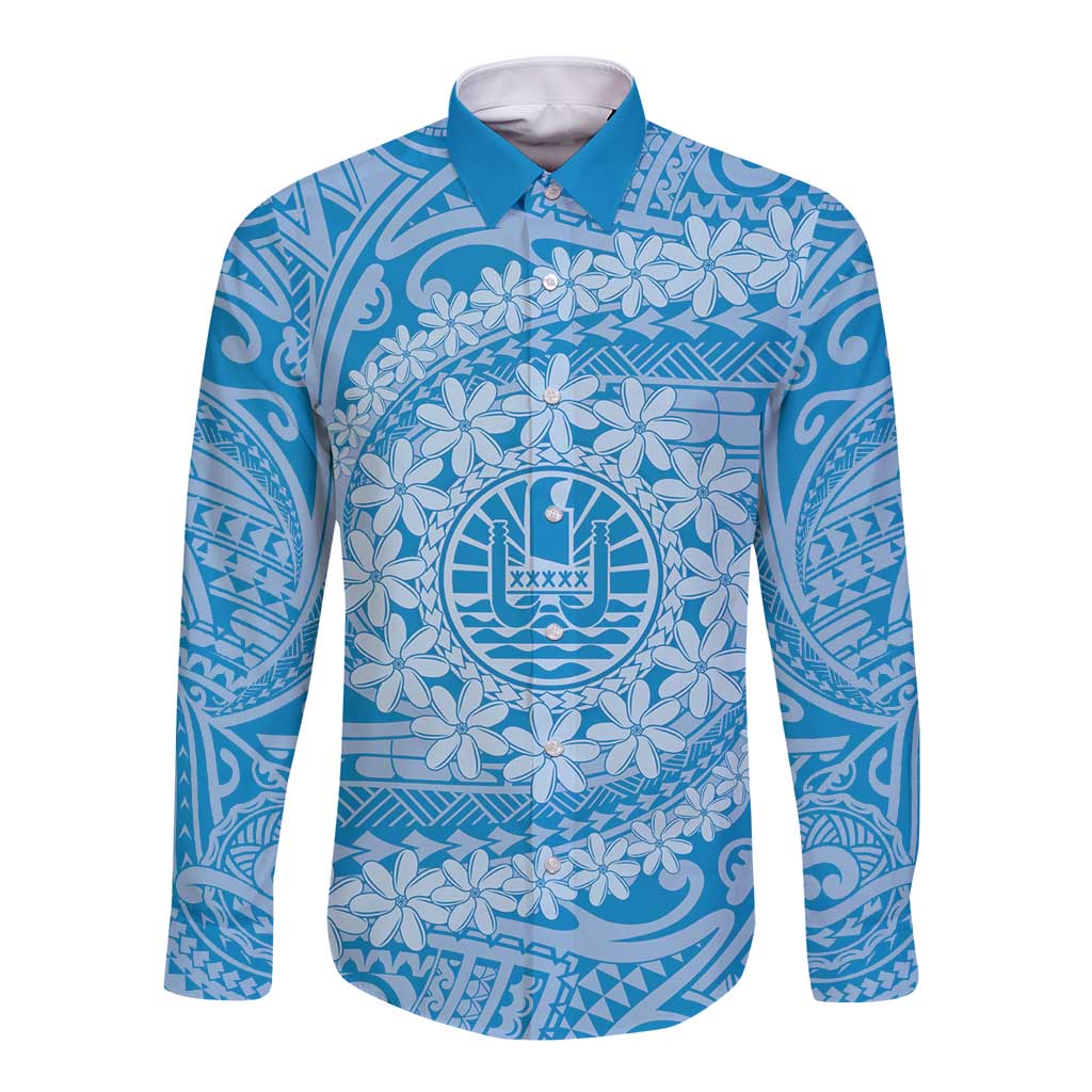 Tahitian Tiare Flower Long Sleeve Button Shirt Blue Polynesian Pattern LT9 Unisex Blue - Polynesian Pride