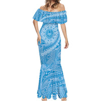 Tahitian Tiare Flower Mermaid Dress Blue Polynesian Pattern