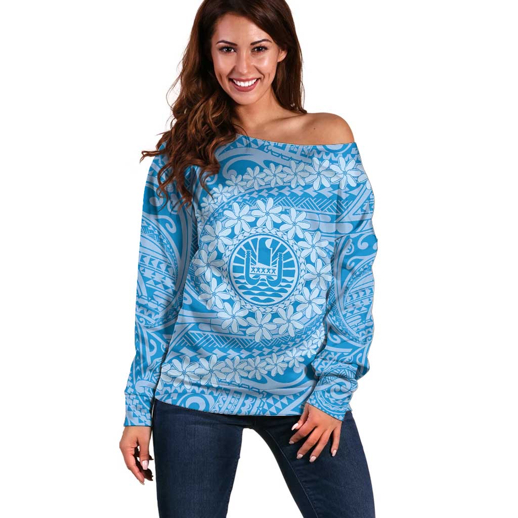 Tahitian Tiare Flower Off Shoulder Sweater Blue Polynesian Pattern LT9 Women Blue - Polynesian Pride