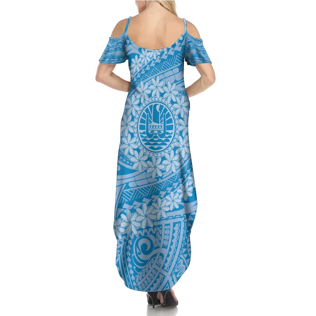 Tahitian Tiare Flower Summer Maxi Dress Blue Polynesian Pattern