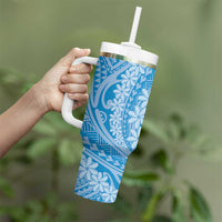 Tahitian Tiare Flower Tumbler With Handle Blue Polynesian Pattern