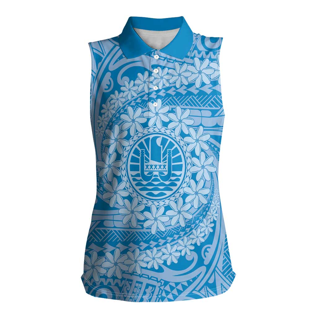Tahitian Tiare Flower Women Sleeveless Polo Shirt Blue Polynesian Pattern LT9 Female Blue - Polynesian Pride