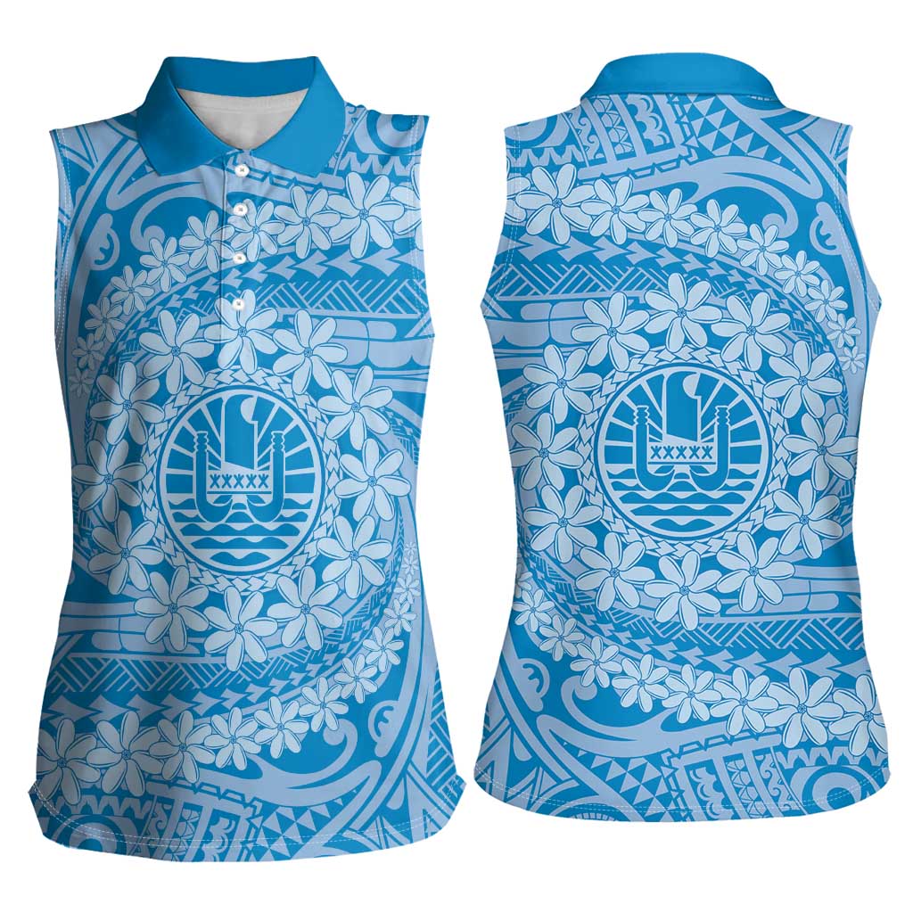Tahitian Tiare Flower Women Sleeveless Polo Shirt Blue Polynesian Pattern