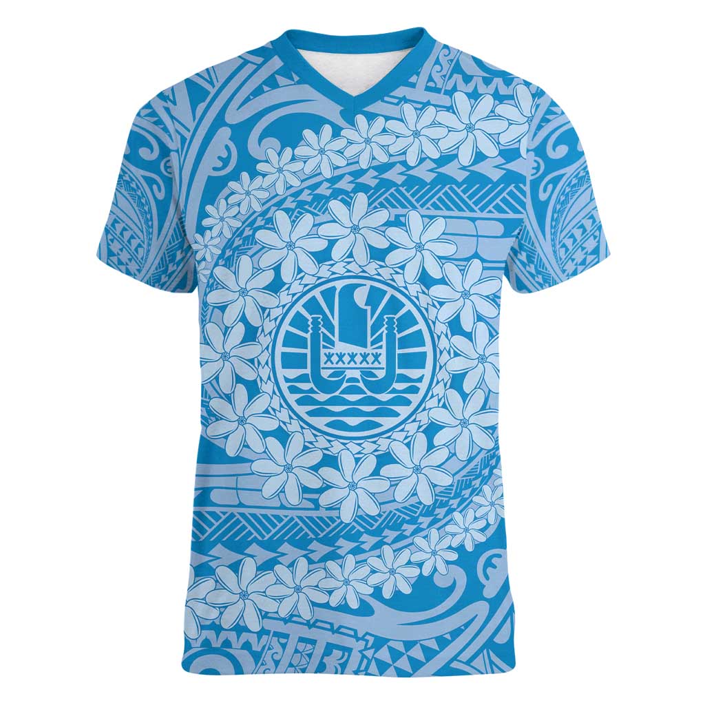 Tahitian Tiare Flower Women V-Neck T-Shirt Blue Polynesian Pattern LT9 Female Blue - Polynesian Pride