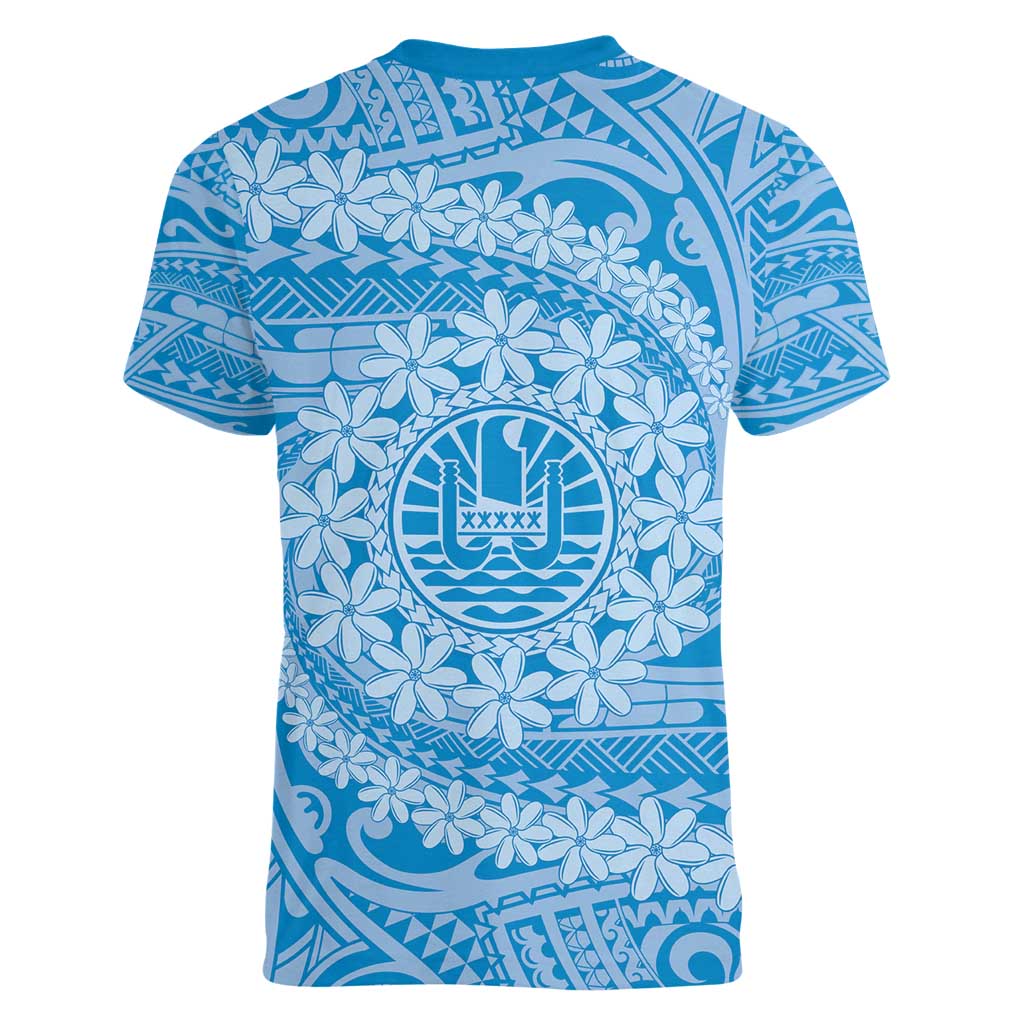 Tahitian Tiare Flower Women V-Neck T-Shirt Blue Polynesian Pattern