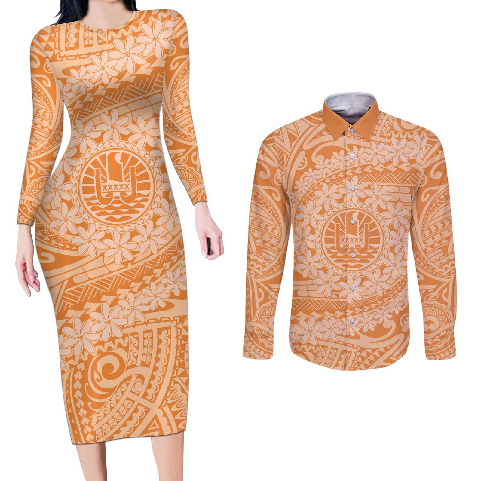 Tahitian Tiare Flower Couples Matching Long Sleeve Bodycon Dress and Long Sleeve Button Shirt Gold Polynesian Pattern LT9 Gold - Polynesian Pride