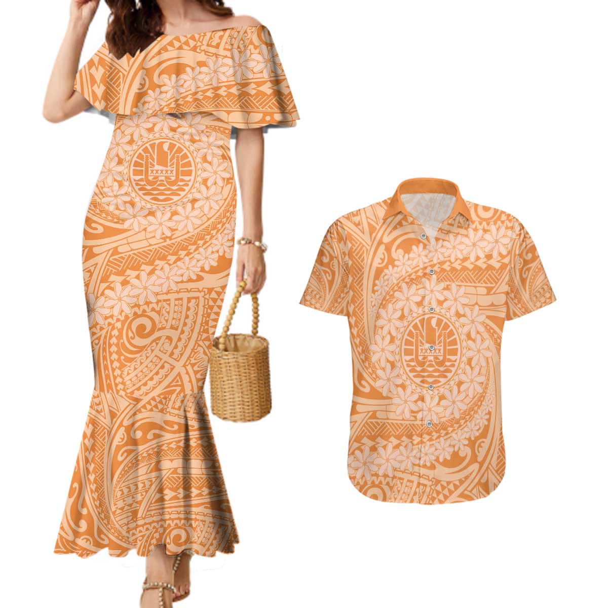 Tahitian Tiare Flower Couples Matching Mermaid Dress and Hawaiian Shirt Gold Polynesian Pattern LT9 Gold - Polynesian Pride