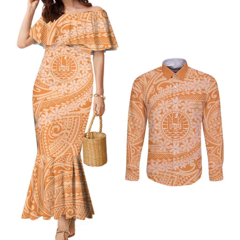 Tahitian Tiare Flower Couples Matching Mermaid Dress and Long Sleeve Button Shirt Gold Polynesian Pattern LT9 Gold - Polynesian Pride