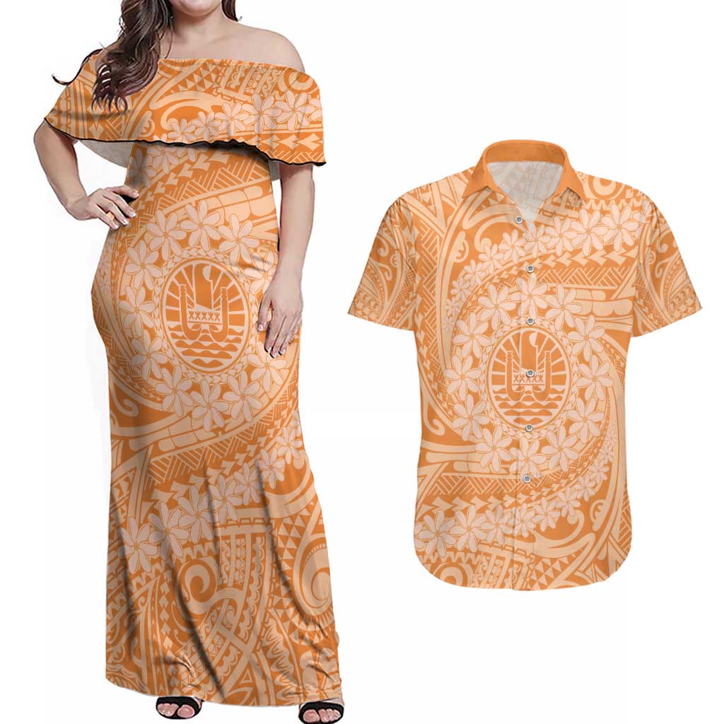 Tahitian Tiare Flower Couples Matching Off Shoulder Maxi Dress and Hawaiian Shirt Gold Polynesian Pattern LT9 Gold - Polynesian Pride