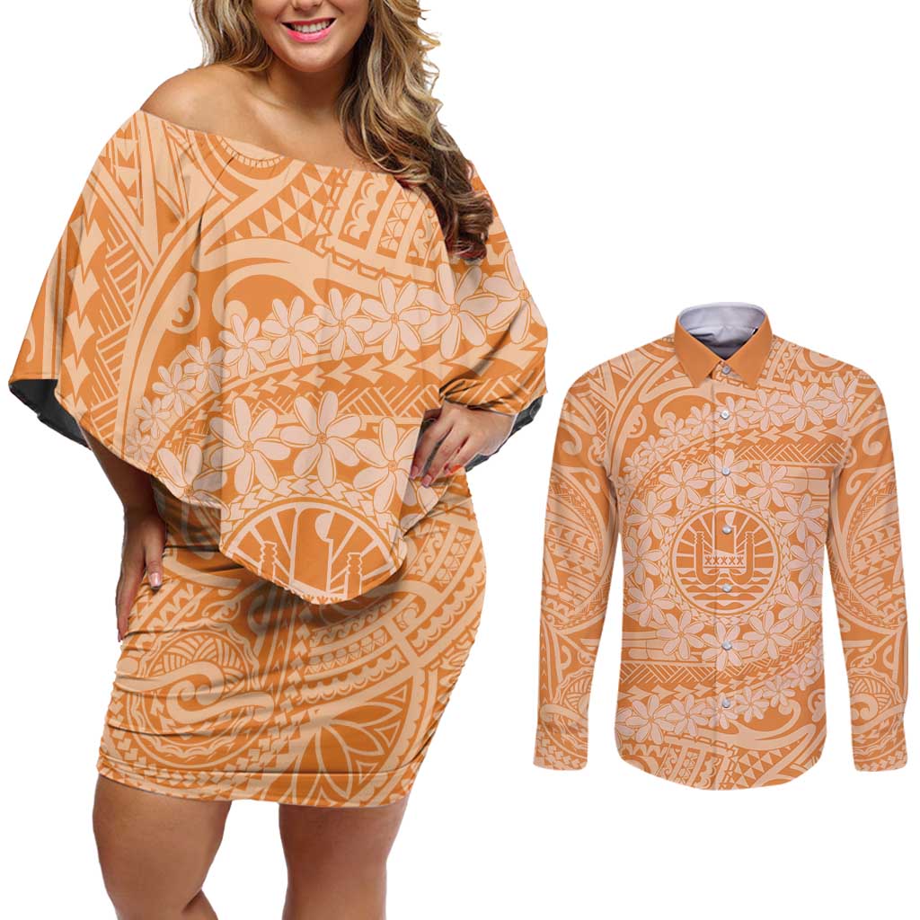 Tahitian Tiare Flower Couples Matching Off Shoulder Short Dress and Long Sleeve Button Shirt Gold Polynesian Pattern LT9 Gold - Polynesian Pride