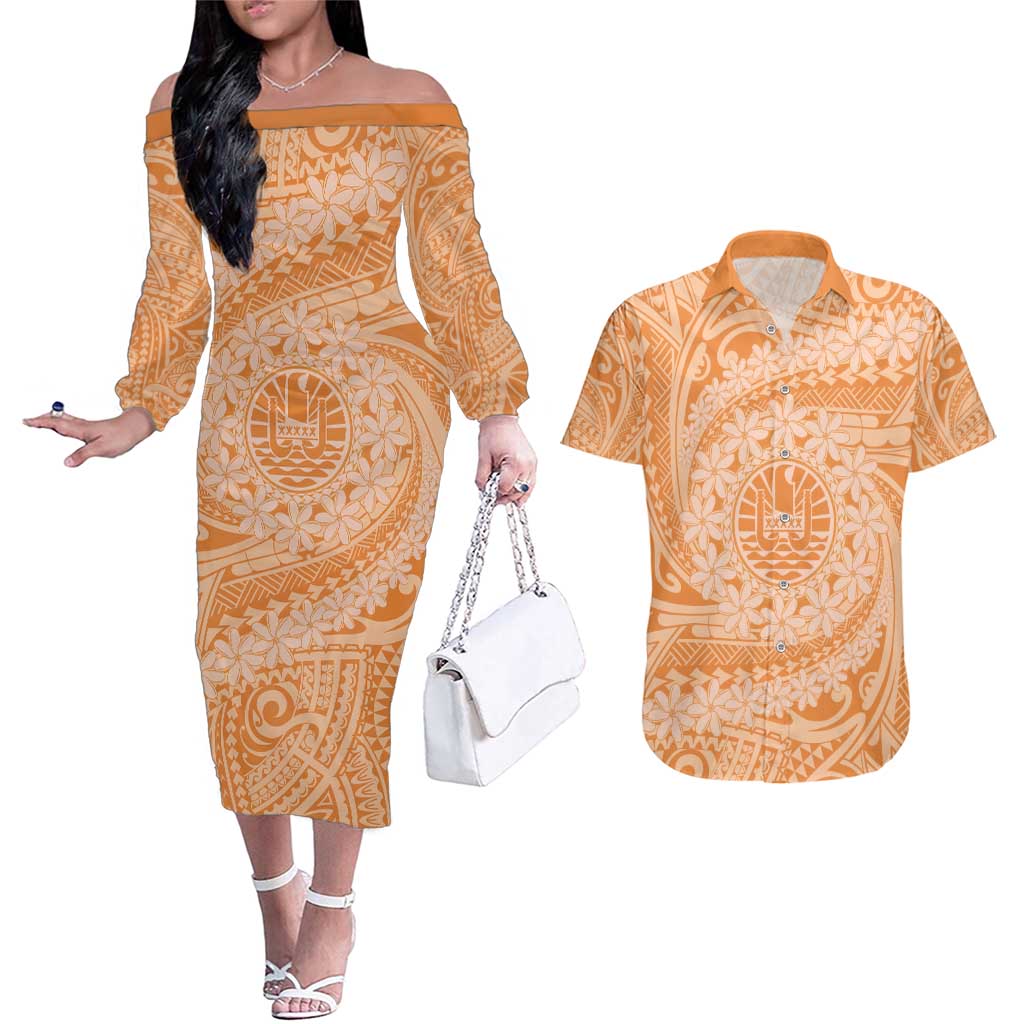 Tahitian Tiare Flower Couples Matching Off The Shoulder Long Sleeve Dress and Hawaiian Shirt Gold Polynesian Pattern LT9 Gold - Polynesian Pride