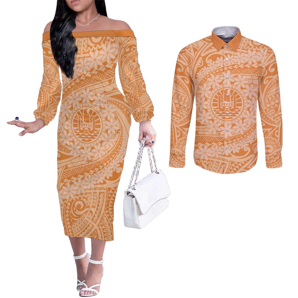 Tahitian Tiare Flower Couples Matching Off The Shoulder Long Sleeve Dress and Long Sleeve Button Shirt Gold Polynesian Pattern LT9 Gold - Polynesian Pride