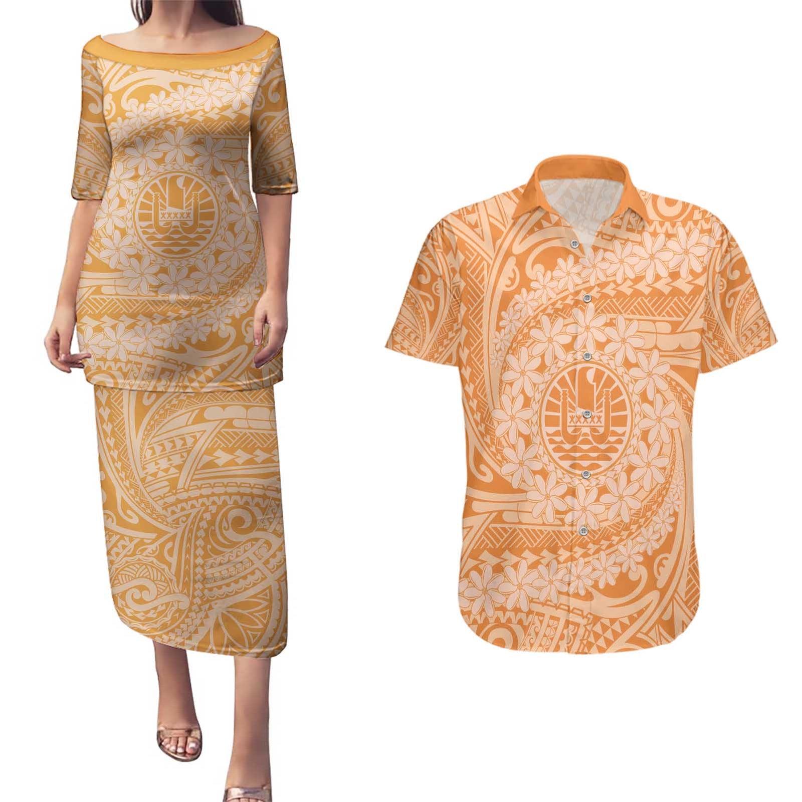 Tahitian Tiare Flower Couples Matching Puletasi and Hawaiian Shirt Gold Polynesian Pattern LT9 Gold - Polynesian Pride