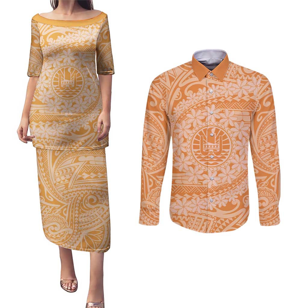 Tahitian Tiare Flower Couples Matching Puletasi and Long Sleeve Button Shirt Gold Polynesian Pattern LT9 Gold - Polynesian Pride