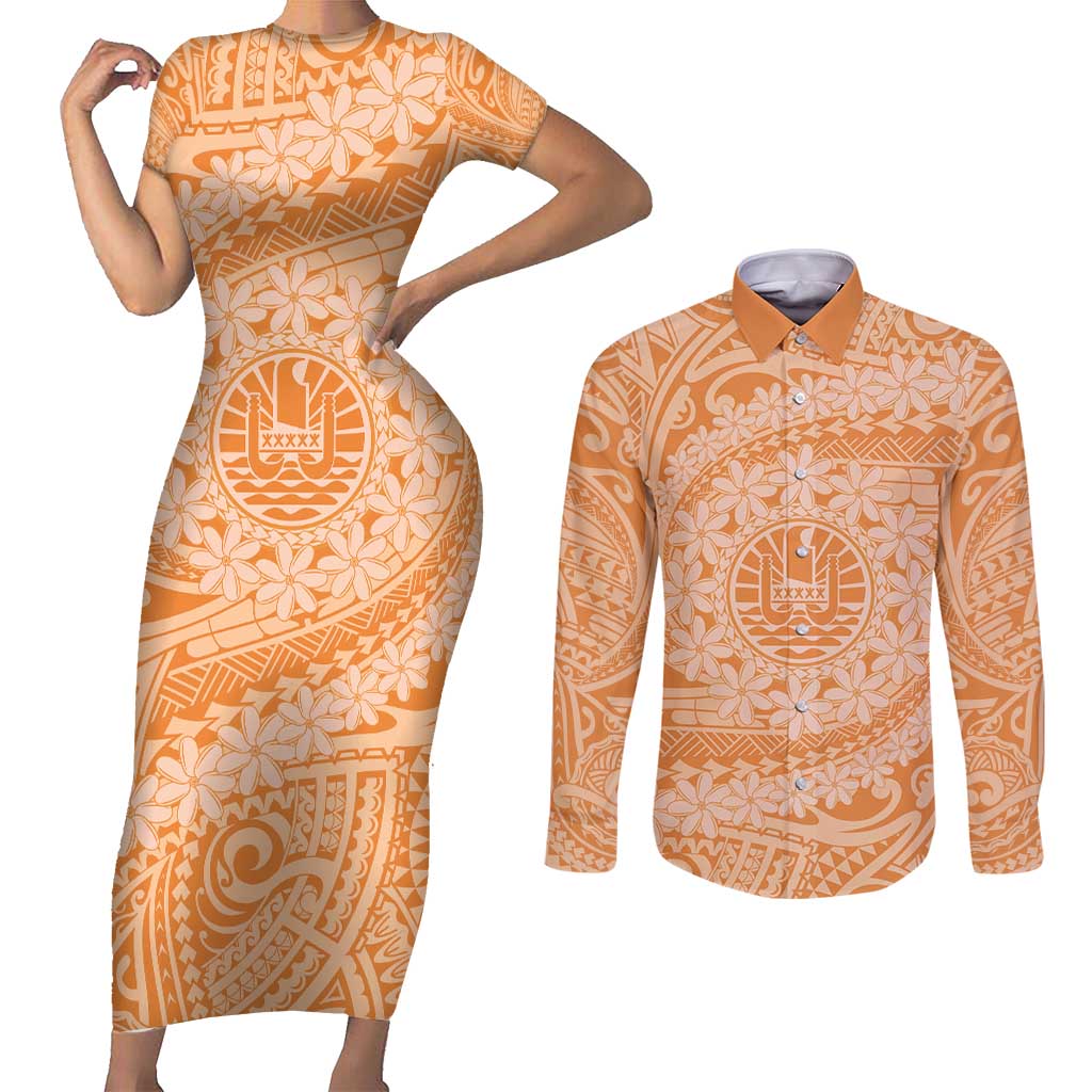 Tahitian Tiare Flower Couples Matching Short Sleeve Bodycon Dress and Long Sleeve Button Shirt Gold Polynesian Pattern LT9 Gold - Polynesian Pride