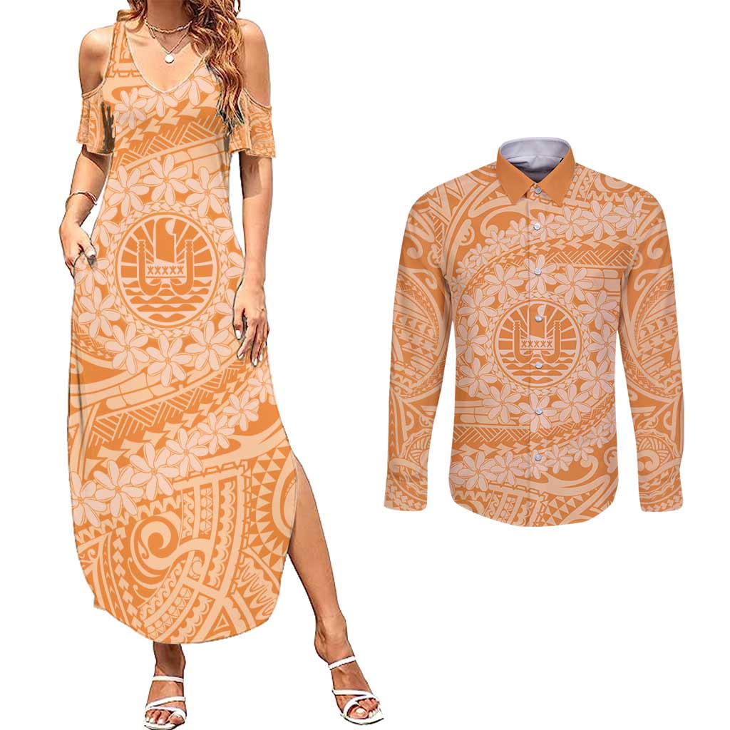 Tahitian Tiare Flower Couples Matching Summer Maxi Dress and Long Sleeve Button Shirt Gold Polynesian Pattern LT9 Gold - Polynesian Pride