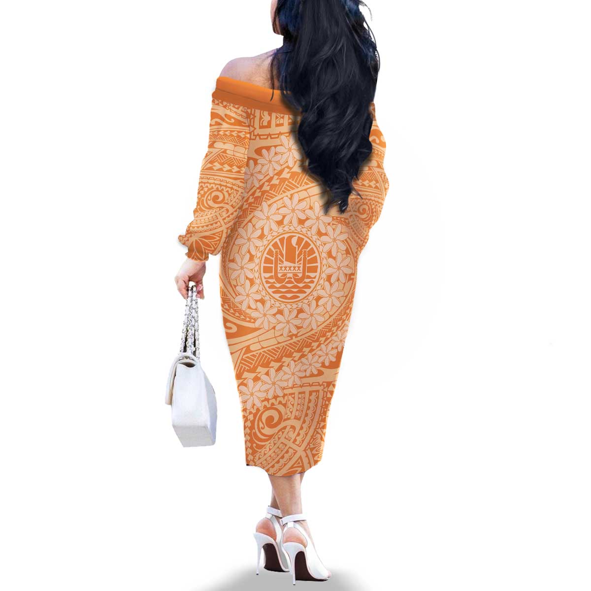Tahitian Tiare Flower Family Matching Off The Shoulder Long Sleeve Dress and Hawaiian Shirt Gold Polynesian Pattern
