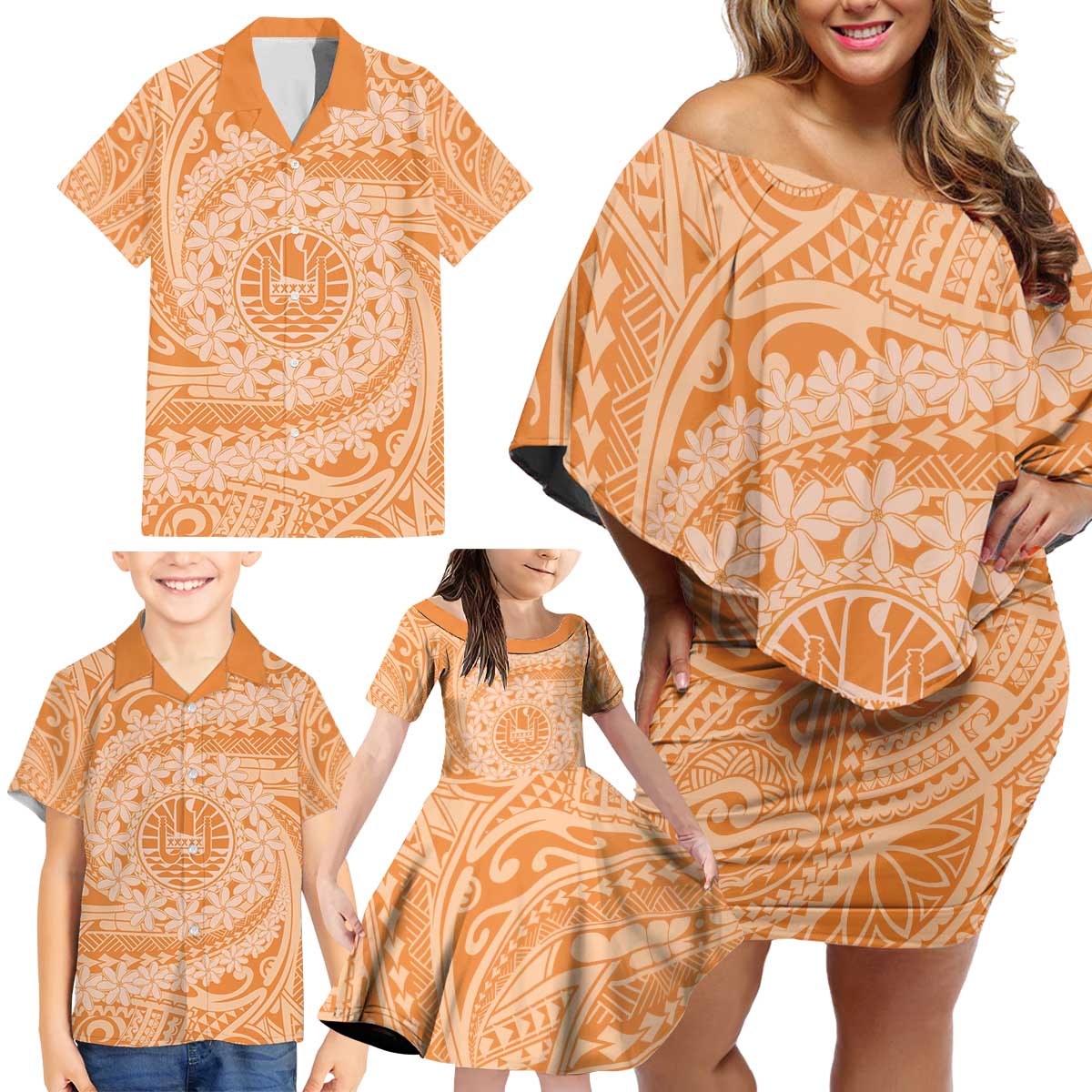 Tahitian Tiare Flower Family Matching Off Shoulder Short Dress and Hawaiian Shirt Gold Polynesian Pattern LT9 - Polynesian Pride