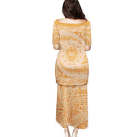 Tahitian Tiare Flower Puletasi Gold Polynesian Pattern