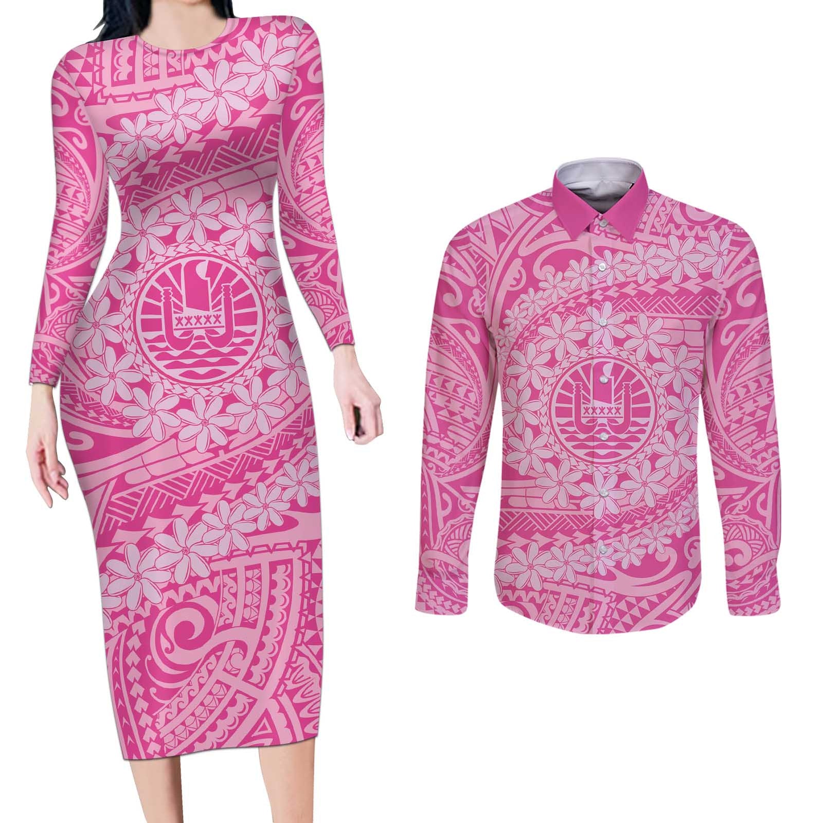 Tahitian Tiare Flower Couples Matching Long Sleeve Bodycon Dress and Long Sleeve Button Shirt Pink Polynesian Pattern LT9 Pink - Polynesian Pride