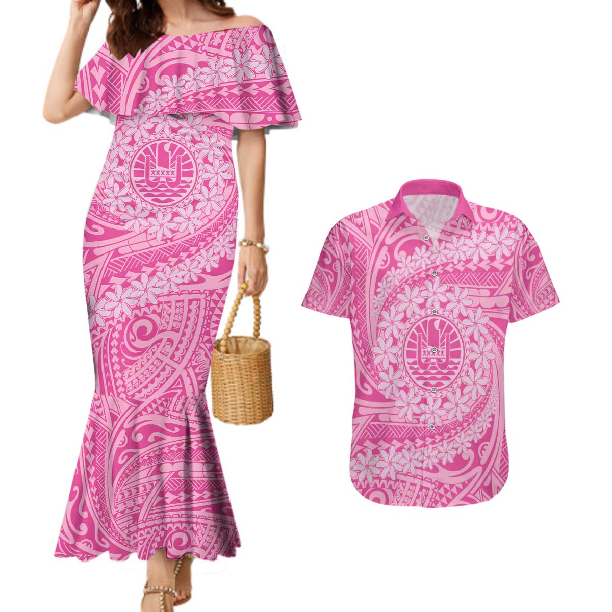 Tahitian Tiare Flower Couples Matching Mermaid Dress and Hawaiian Shirt Pink Polynesian Pattern LT9 Pink - Polynesian Pride