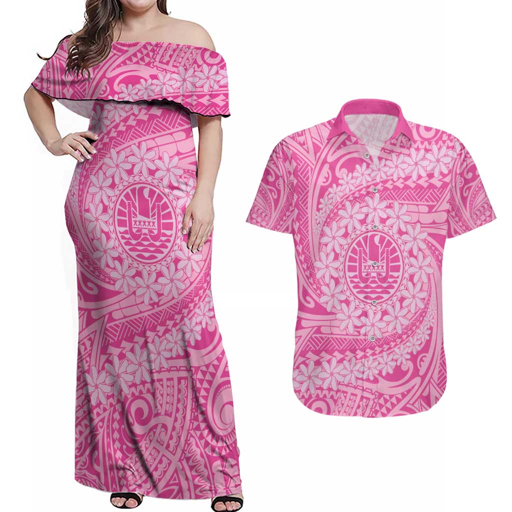 Tahitian Tiare Flower Couples Matching Off Shoulder Maxi Dress and Hawaiian Shirt Pink Polynesian Pattern LT9 Pink - Polynesian Pride