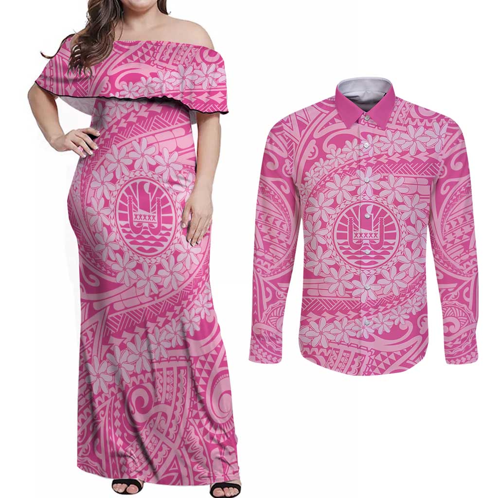 Tahitian Tiare Flower Couples Matching Off Shoulder Maxi Dress and Long Sleeve Button Shirt Pink Polynesian Pattern LT9 Pink - Polynesian Pride