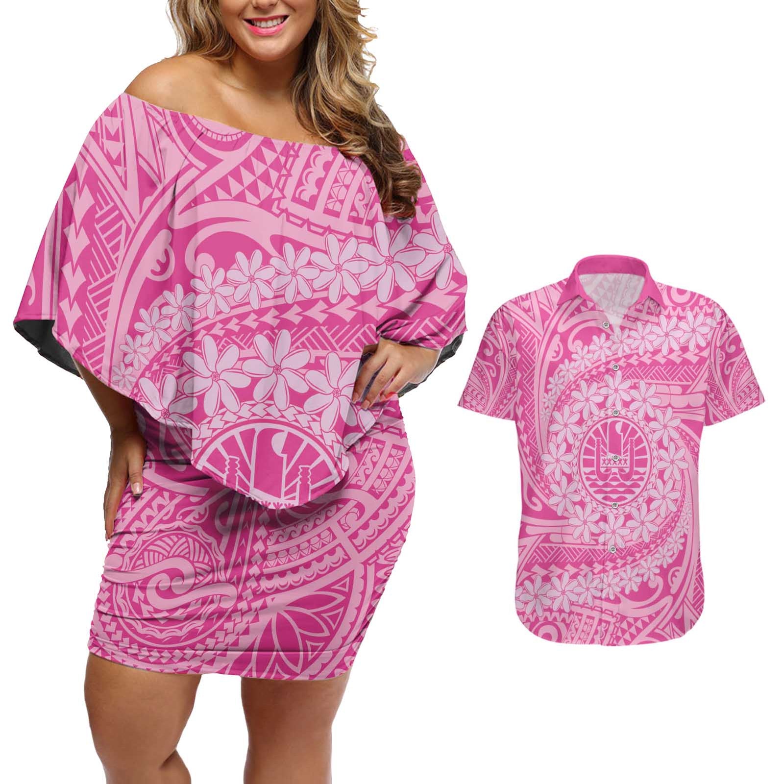 Tahitian Tiare Flower Couples Matching Off Shoulder Short Dress and Hawaiian Shirt Pink Polynesian Pattern LT9 Pink - Polynesian Pride
