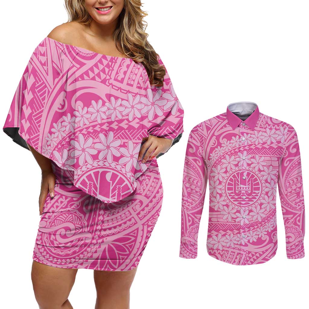Tahitian Tiare Flower Couples Matching Off Shoulder Short Dress and Long Sleeve Button Shirt Pink Polynesian Pattern LT9 Pink - Polynesian Pride