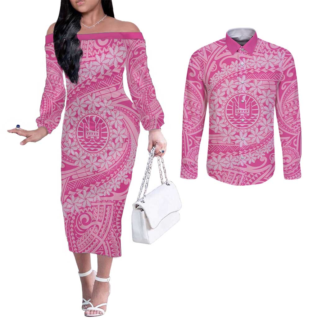 Tahitian Tiare Flower Couples Matching Off The Shoulder Long Sleeve Dress and Long Sleeve Button Shirt Pink Polynesian Pattern LT9 Pink - Polynesian Pride