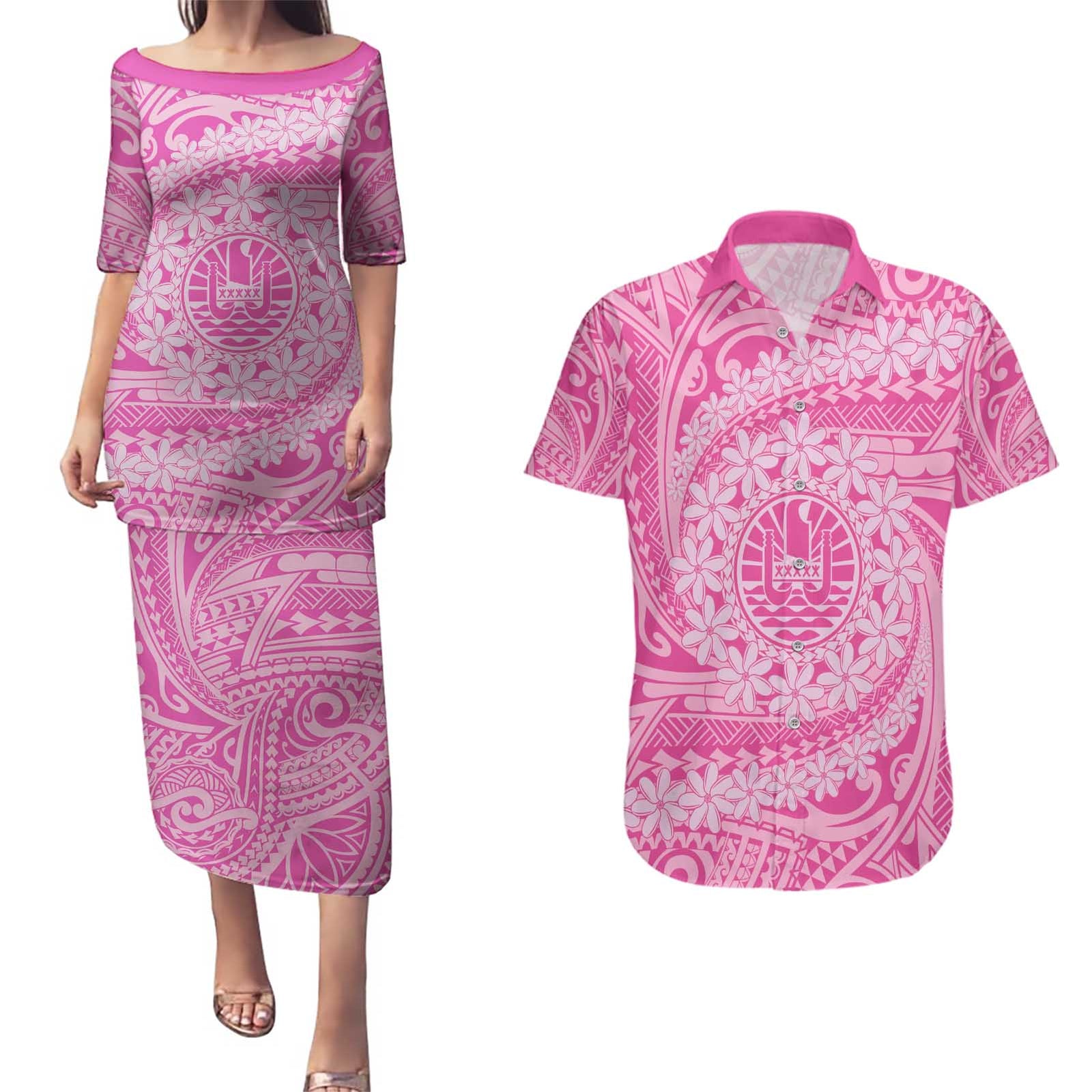 Tahitian Tiare Flower Couples Matching Puletasi and Hawaiian Shirt Pink Polynesian Pattern LT9 Pink - Polynesian Pride