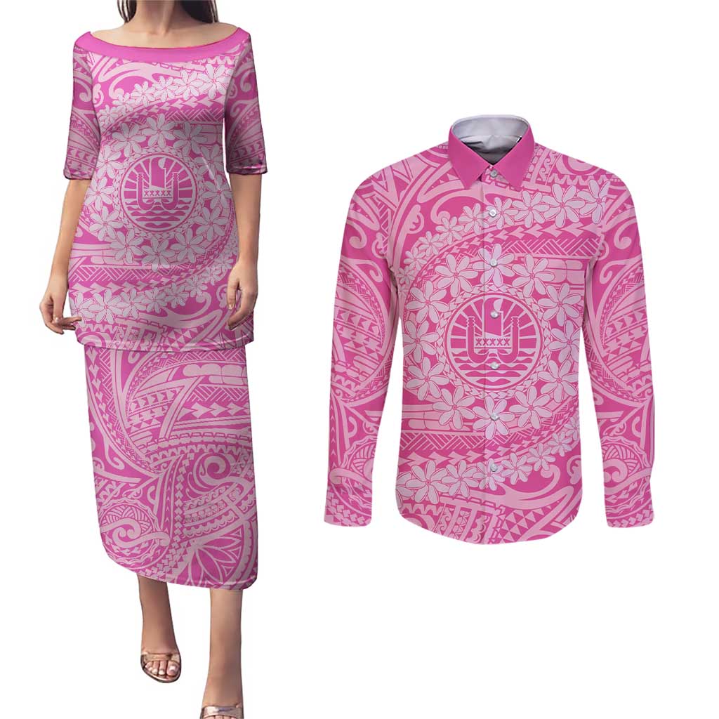 Tahitian Tiare Flower Couples Matching Puletasi and Long Sleeve Button Shirt Pink Polynesian Pattern LT9 Pink - Polynesian Pride