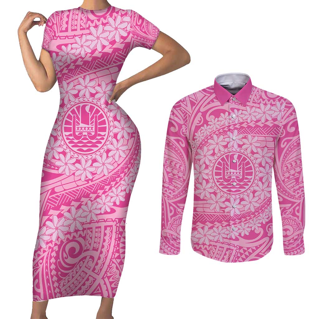 Tahitian Tiare Flower Couples Matching Short Sleeve Bodycon Dress and Long Sleeve Button Shirt Pink Polynesian Pattern LT9 Pink - Polynesian Pride