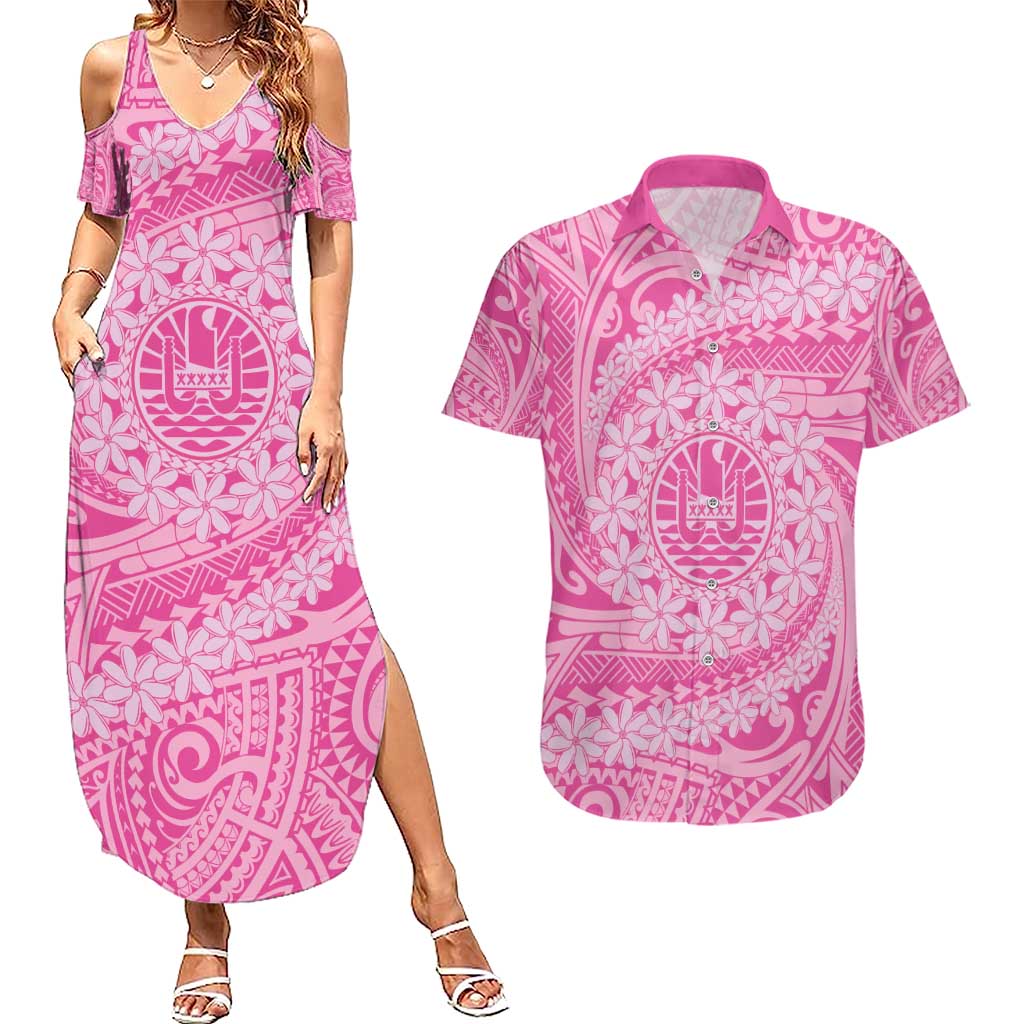 Tahitian Tiare Flower Couples Matching Summer Maxi Dress and Hawaiian Shirt Pink Polynesian Pattern LT9 Pink - Polynesian Pride