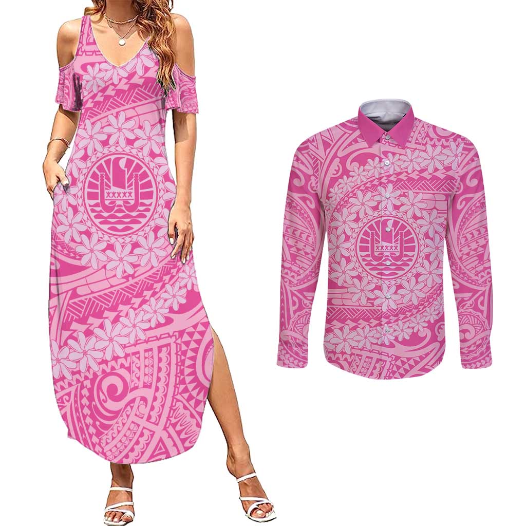 Tahitian Tiare Flower Couples Matching Summer Maxi Dress and Long Sleeve Button Shirt Pink Polynesian Pattern LT9 Pink - Polynesian Pride