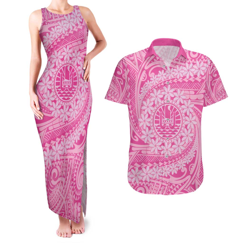 Tahitian Tiare Flower Couples Matching Tank Maxi Dress and Hawaiian Shirt Pink Polynesian Pattern LT9 Pink - Polynesian Pride