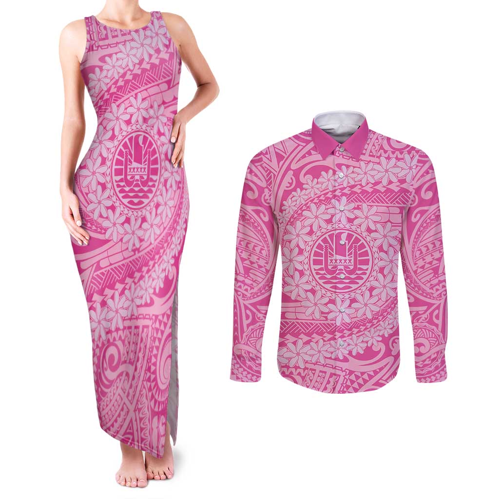 Tahitian Tiare Flower Couples Matching Tank Maxi Dress and Long Sleeve Button Shirt Pink Polynesian Pattern LT9 Pink - Polynesian Pride
