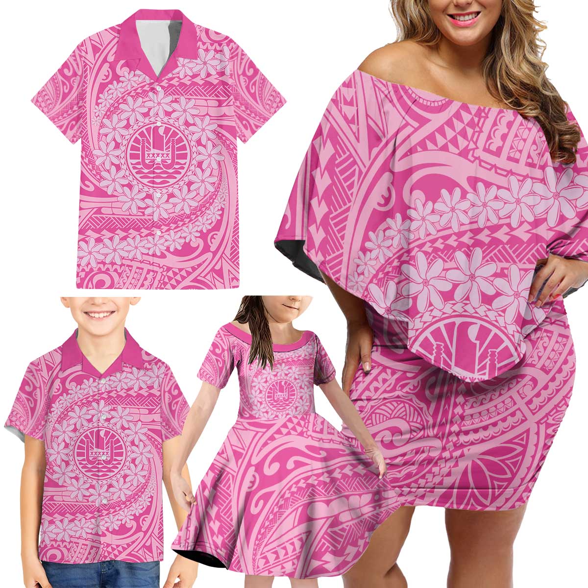 Tahitian Tiare Flower Family Matching Off Shoulder Short Dress and Hawaiian Shirt Pink Polynesian Pattern LT9 - Polynesian Pride