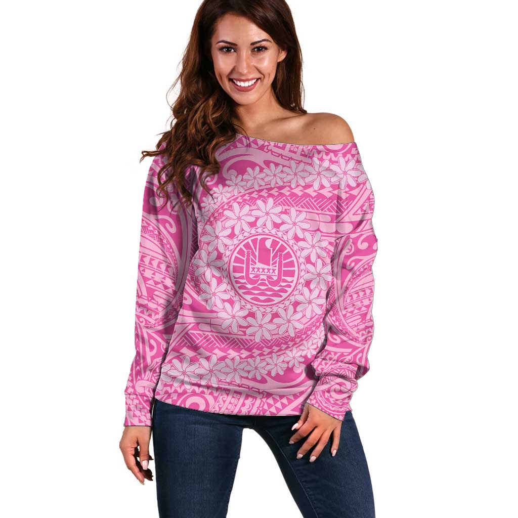 Tahitian Tiare Flower Off Shoulder Sweater Pink Polynesian Pattern LT9 Women Pink - Polynesian Pride