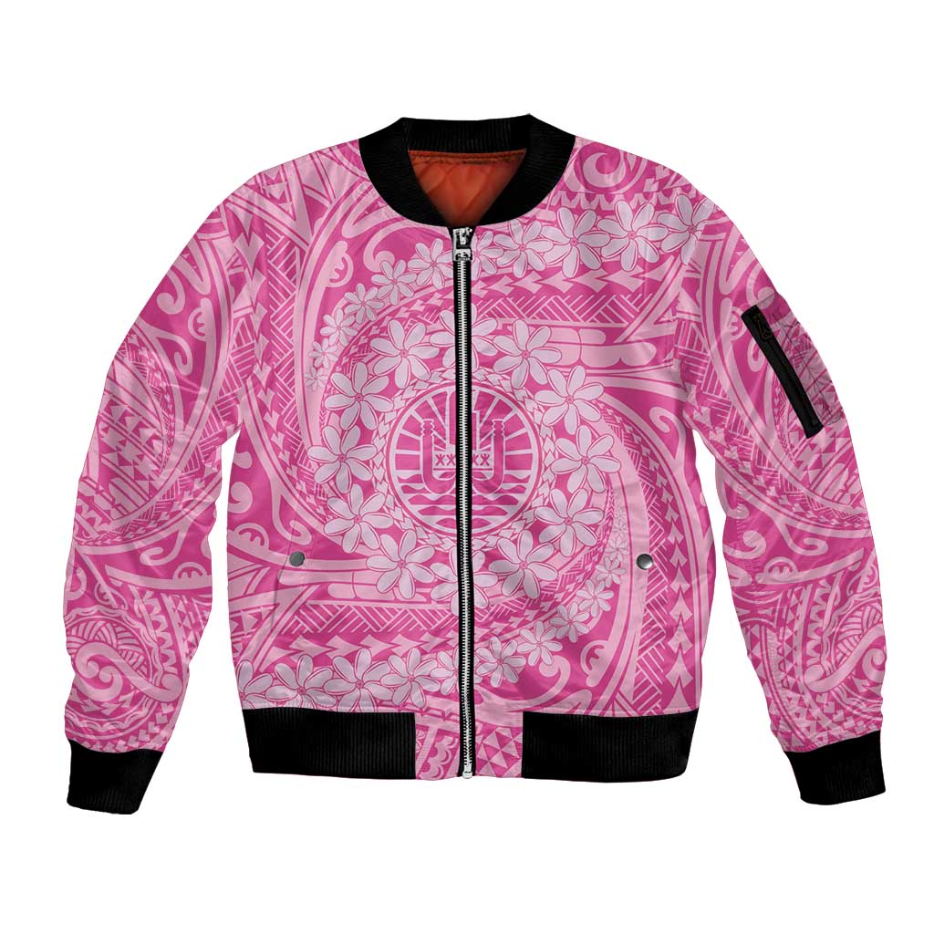 Tahitian Tiare Flower Sleeve Zip Bomber Jacket Pink Polynesian Pattern LT9 Unisex Pink - Polynesian Pride