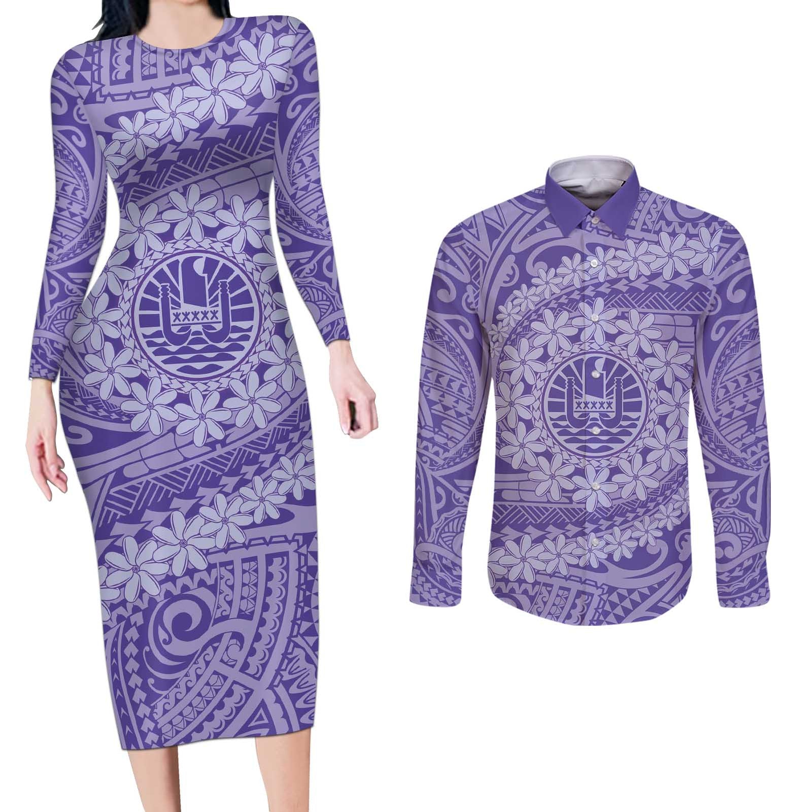Tahitian Tiare Flower Couples Matching Long Sleeve Bodycon Dress and Long Sleeve Button Shirt Violet Polynesian Pattern LT9 Violet - Polynesian Pride
