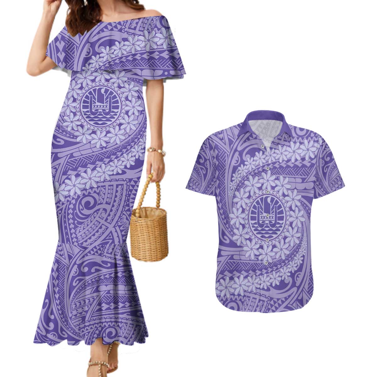 Tahitian Tiare Flower Couples Matching Mermaid Dress and Hawaiian Shirt Violet Polynesian Pattern LT9 Violet - Polynesian Pride