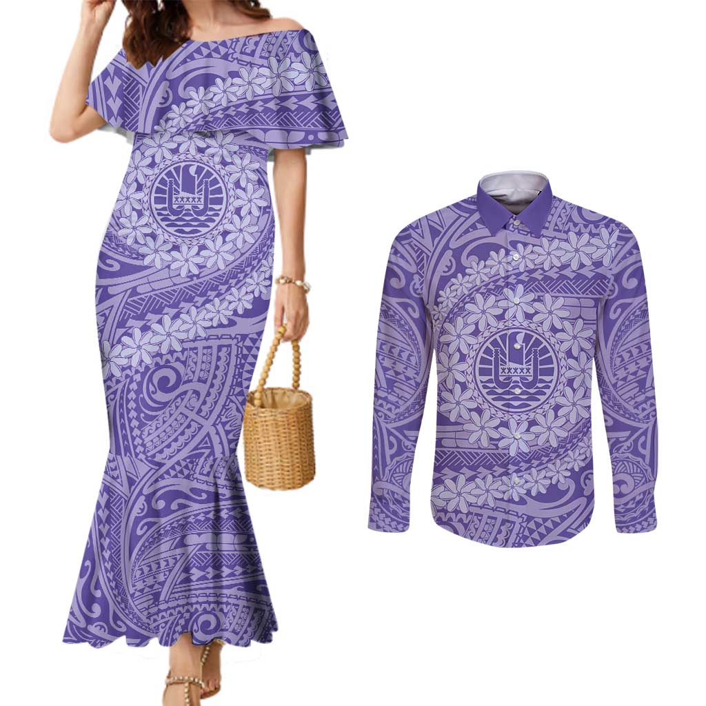 Tahitian Tiare Flower Couples Matching Mermaid Dress and Long Sleeve Button Shirt Violet Polynesian Pattern LT9 Violet - Polynesian Pride