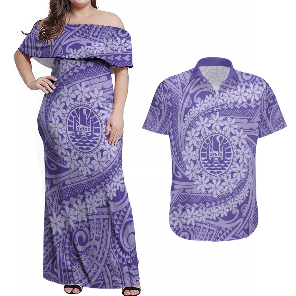 Tahitian Tiare Flower Couples Matching Off Shoulder Maxi Dress and Hawaiian Shirt Violet Polynesian Pattern LT9 Violet - Polynesian Pride