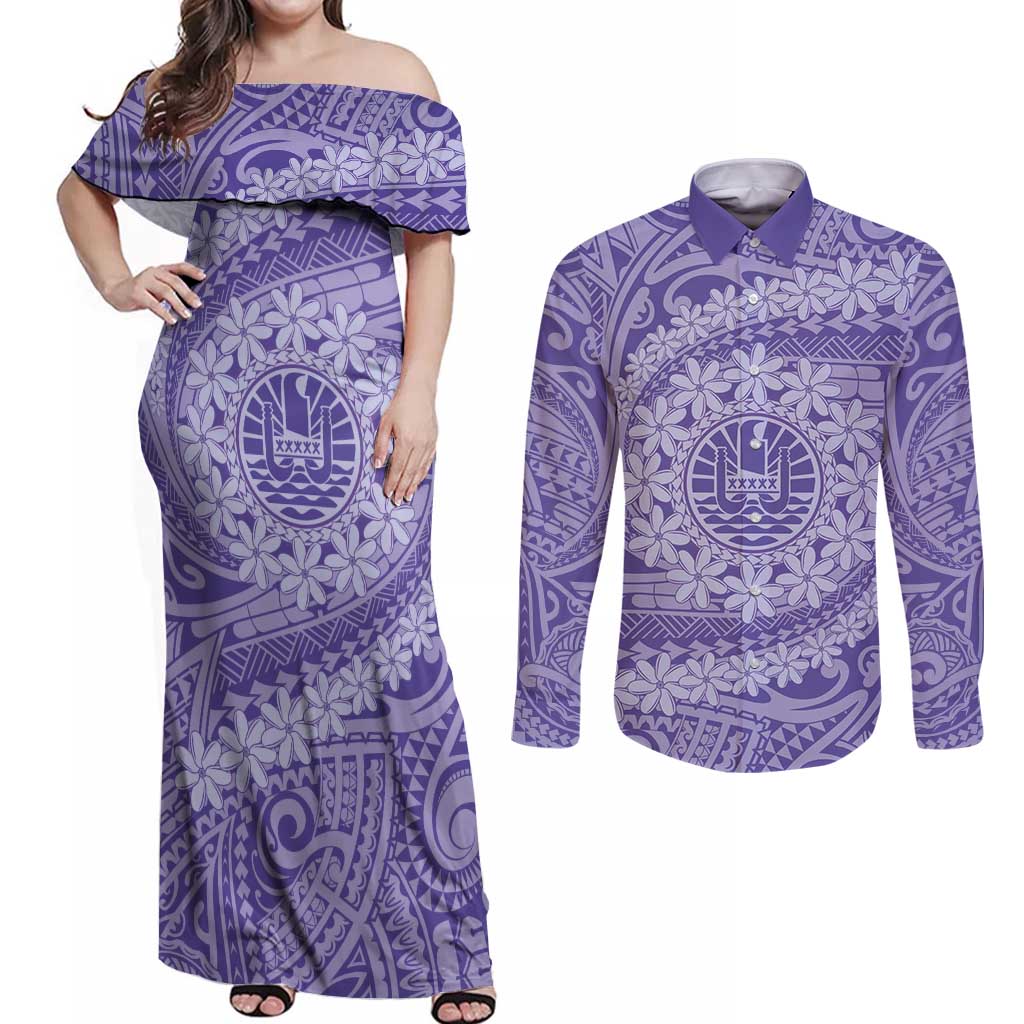 Tahitian Tiare Flower Couples Matching Off Shoulder Maxi Dress and Long Sleeve Button Shirt Violet Polynesian Pattern LT9 Violet - Polynesian Pride