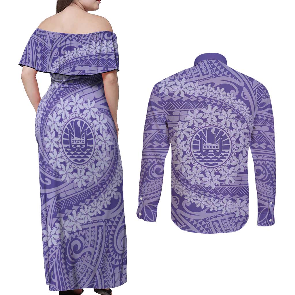 Tahitian Tiare Flower Couples Matching Off Shoulder Maxi Dress and Long Sleeve Button Shirt Violet Polynesian Pattern
