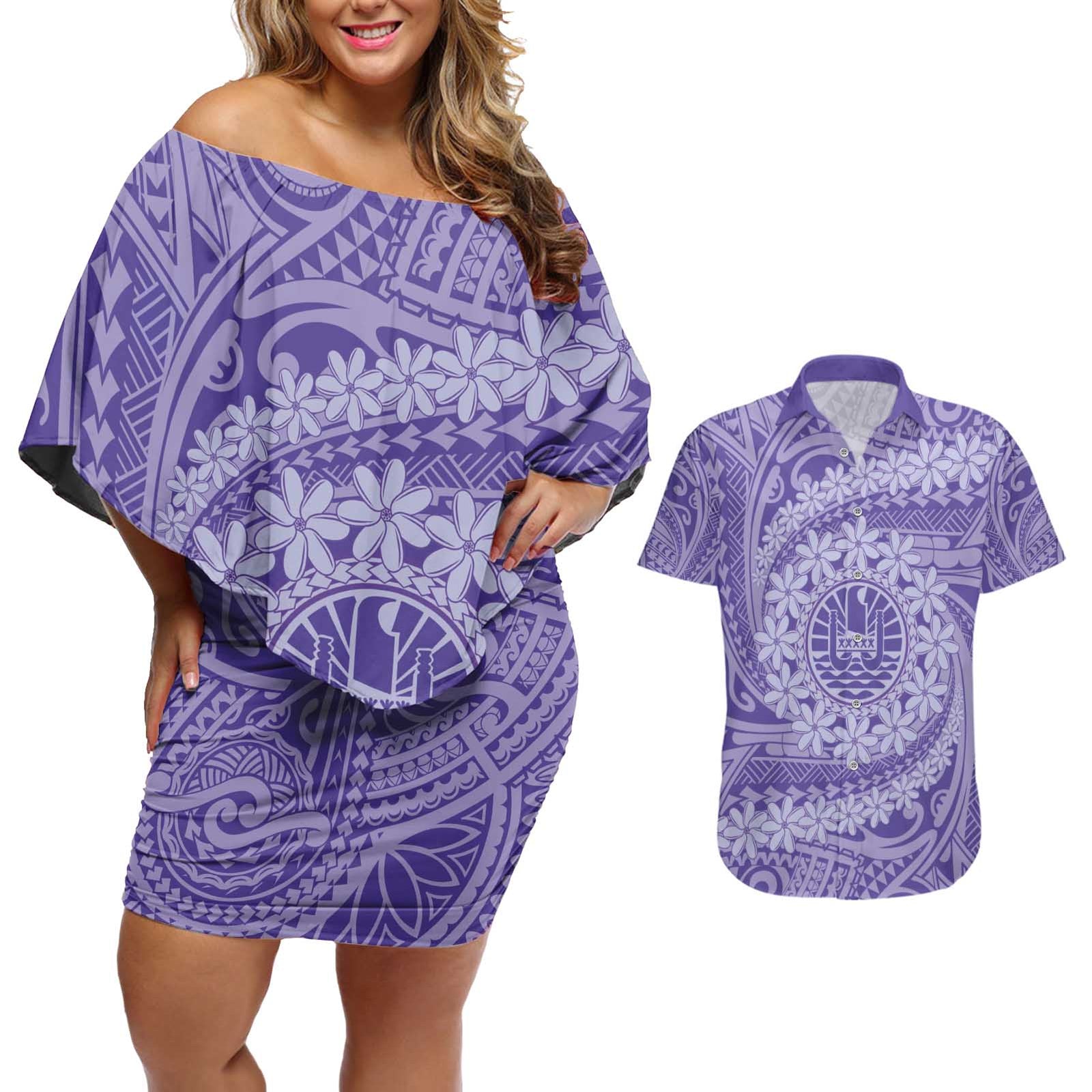 Tahitian Tiare Flower Couples Matching Off Shoulder Short Dress and Hawaiian Shirt Violet Polynesian Pattern LT9 Violet - Polynesian Pride